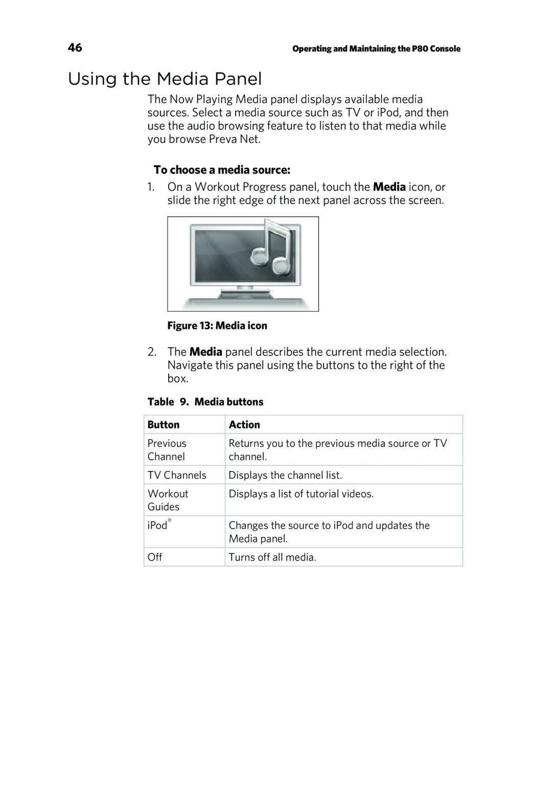 Precor P80 manual Using the Media Panel, To choose a media source 