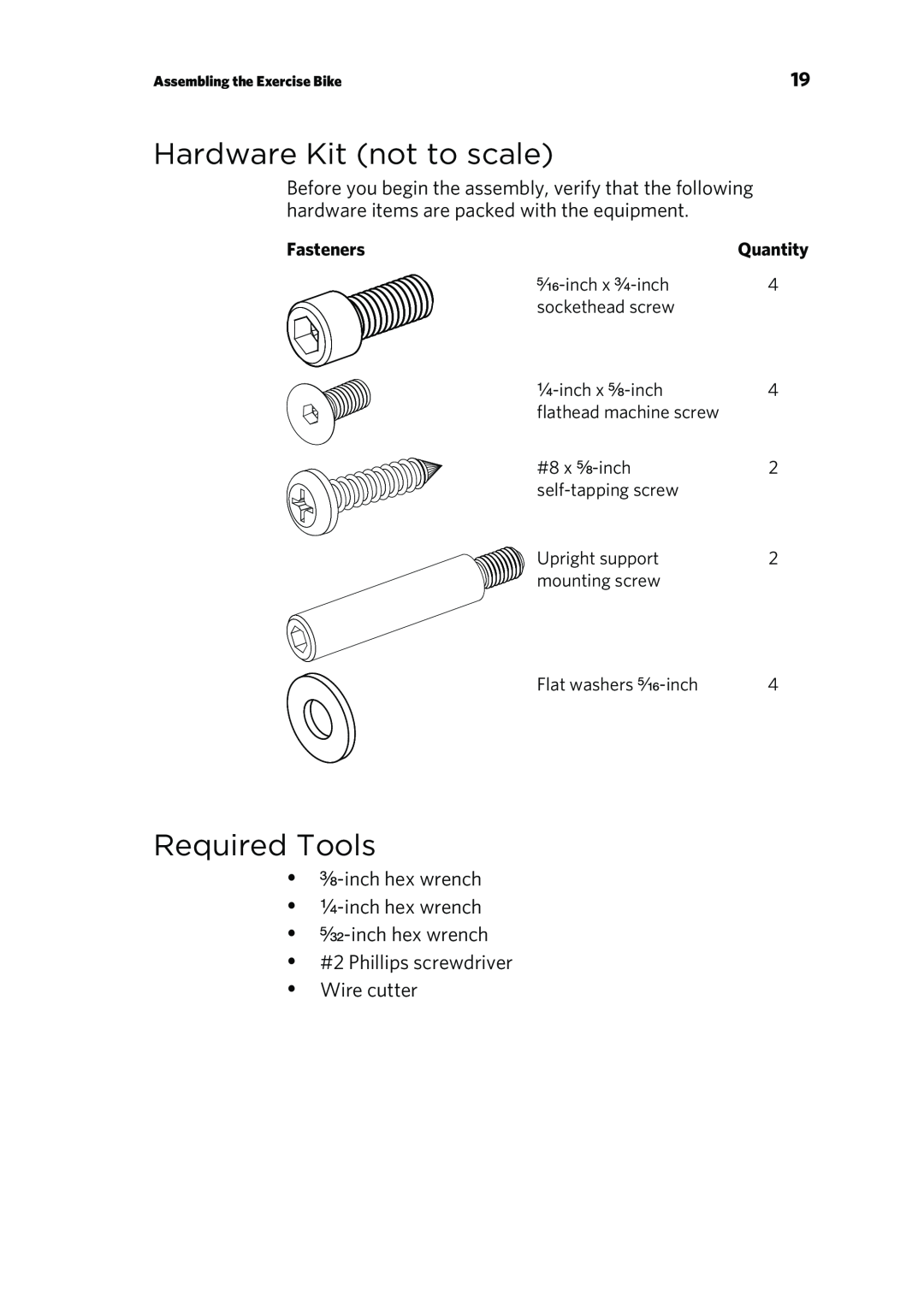 Precor P80 Hardware Kit not to scale, Required Tools, ³₈-inchhex wrench ¹₄-inchhex wrench, Wire cutter, Fasteners 