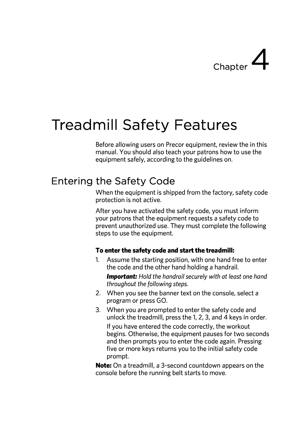 Precor P80 Treadmill Safety Features, Entering the Safety Code, To enter the safety code and start the treadmill, Chapter 
