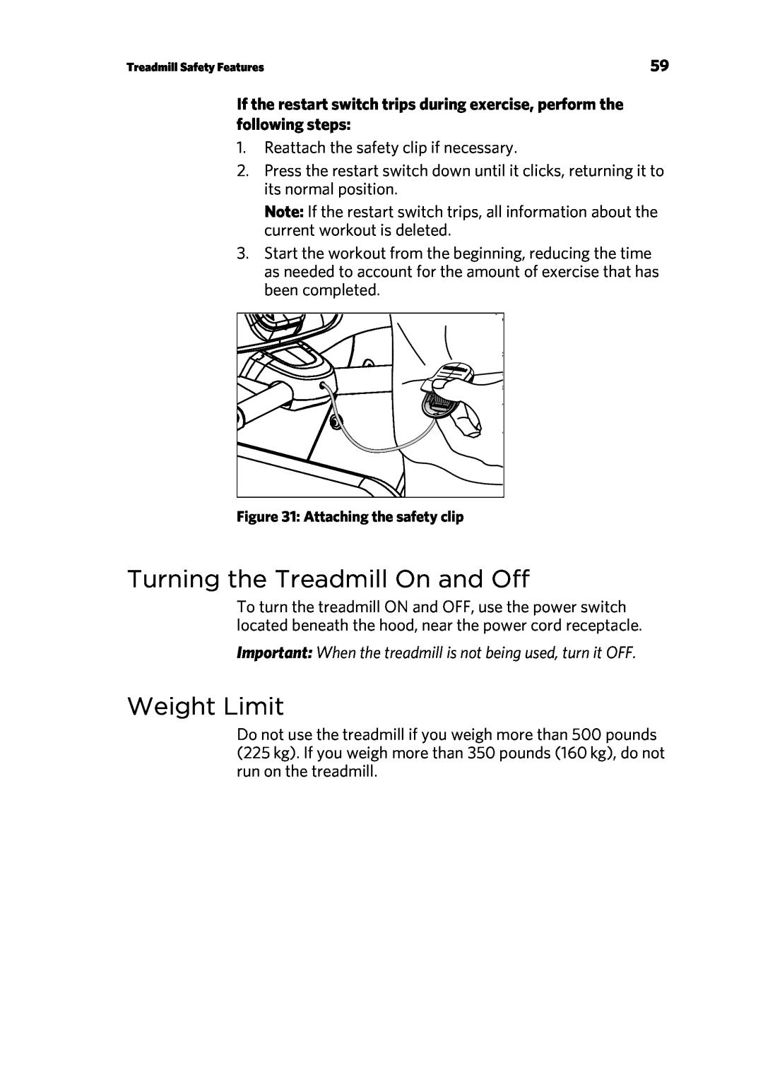 Precor P80 manual Turning the Treadmill On and Off, Weight Limit 