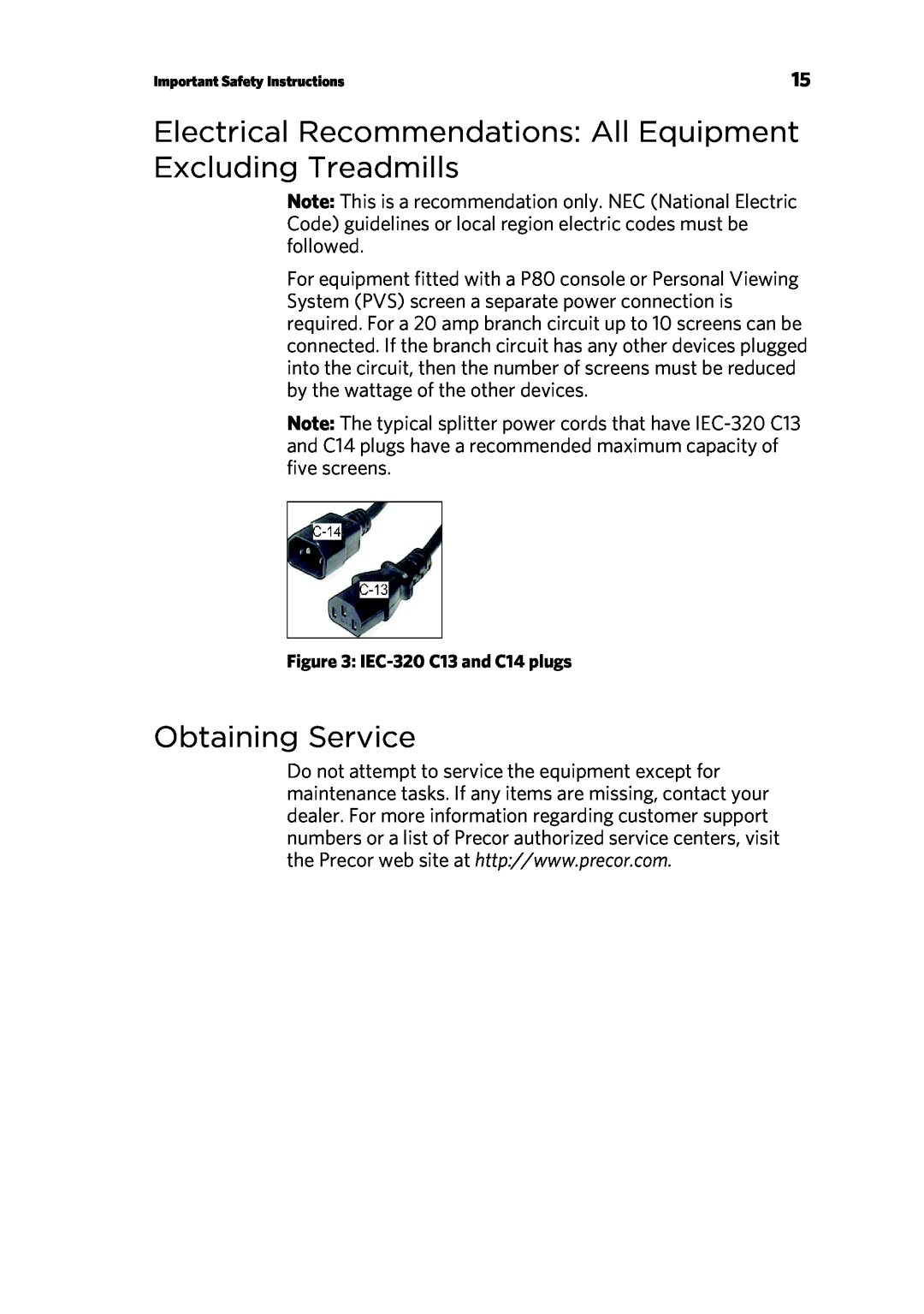 Precor P80 manual Obtaining Service, IEC-320C13 and C14 plugs 