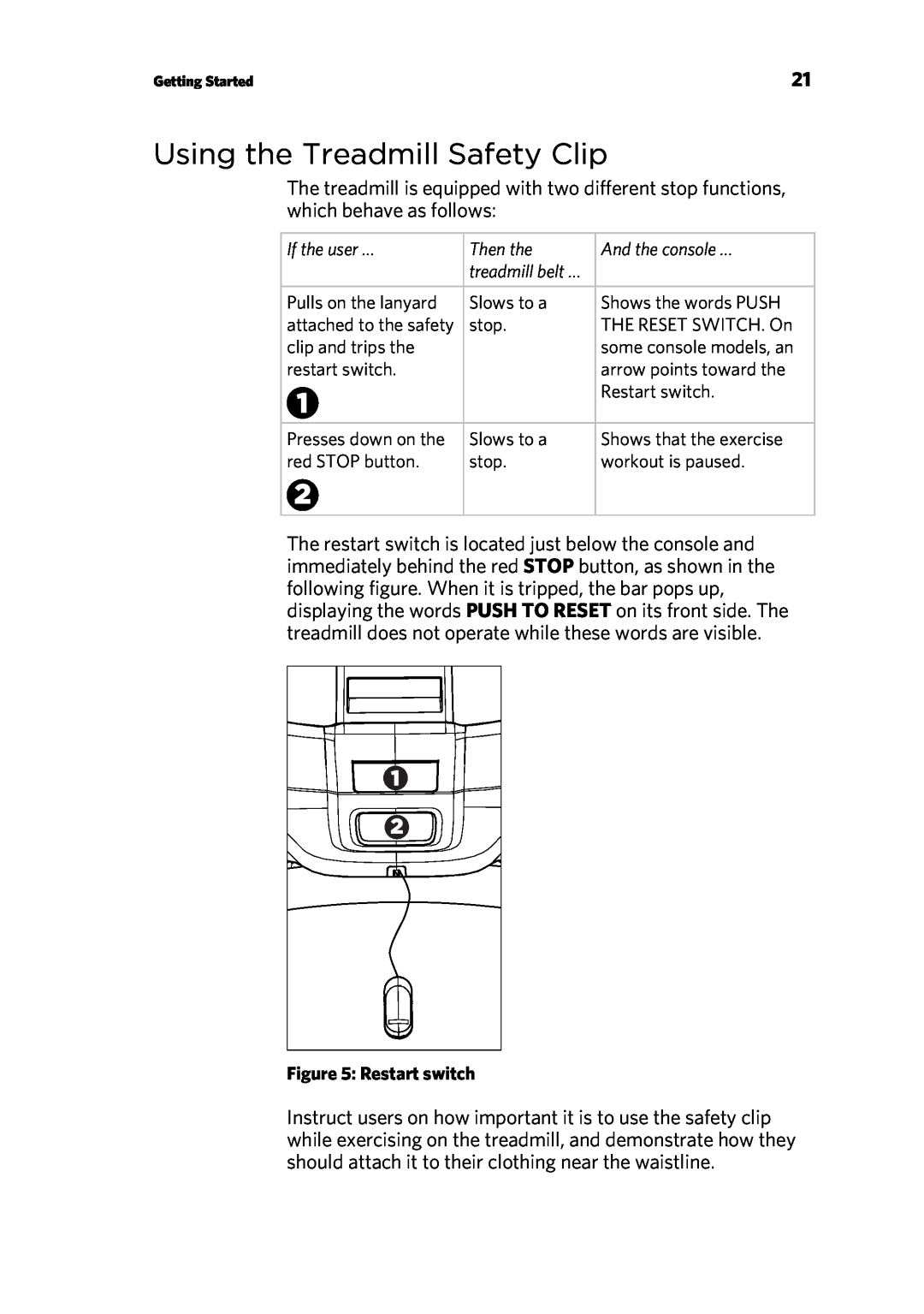 Precor P80 manual Using the Treadmill Safety Clip, Restart switch 