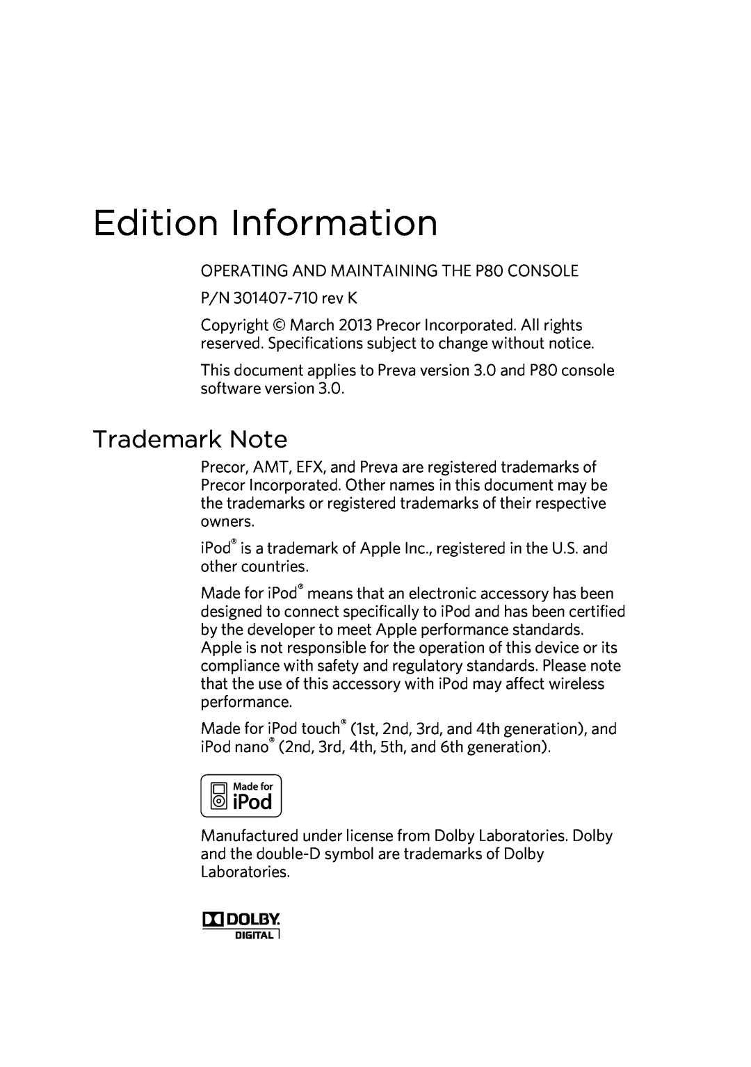 Precor P80 manual Edition Information, Trademark Note 