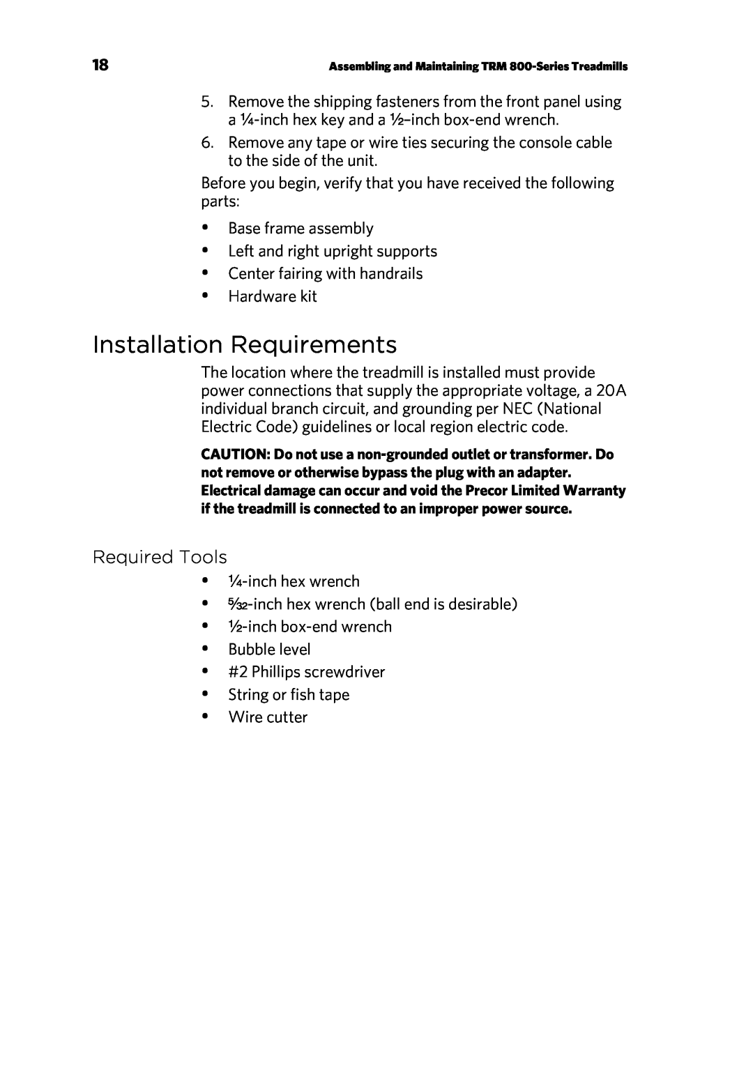 Precor P80 manual Installation Requirements, Required Tools 