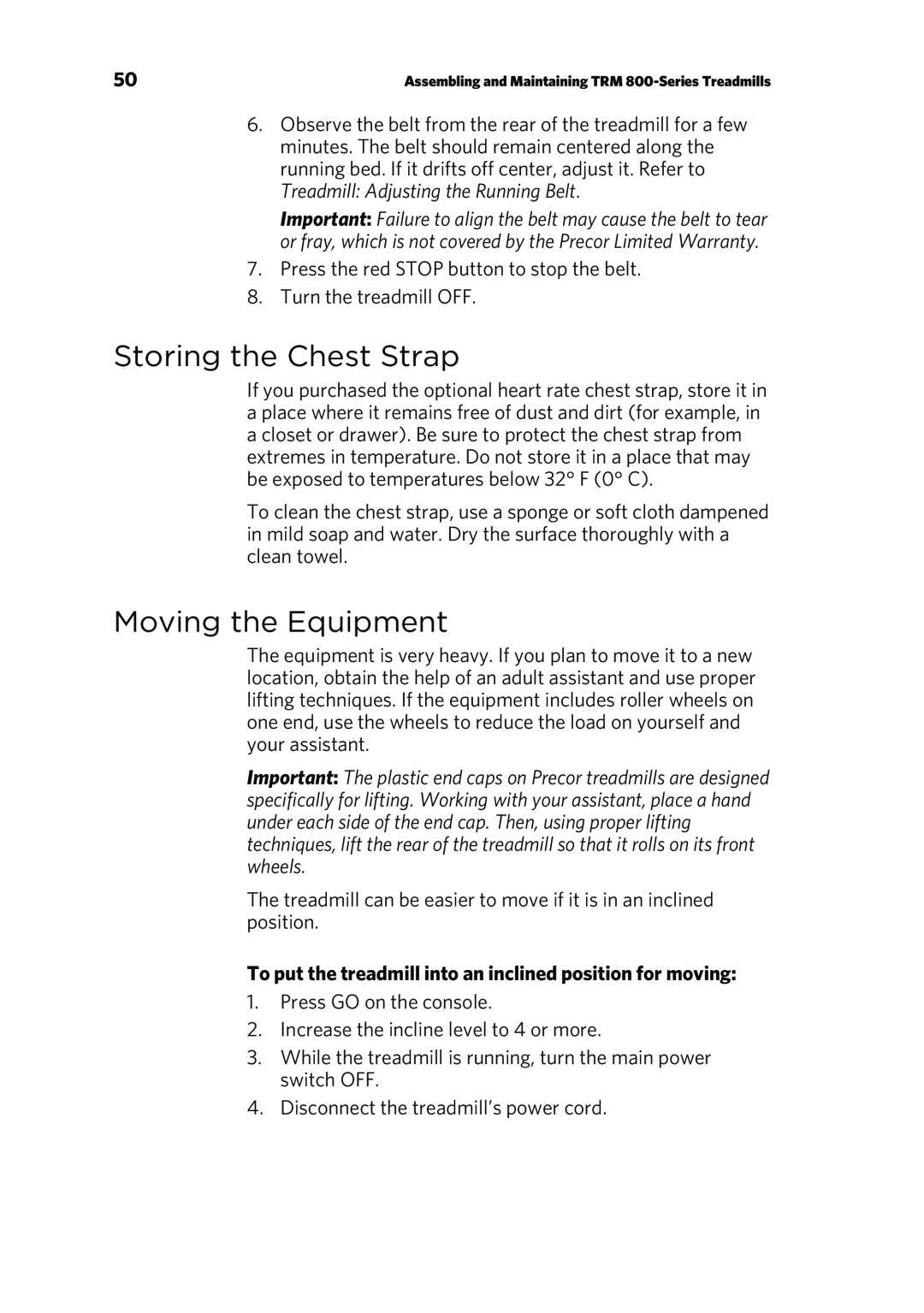 Precor P80 manual Storing the Chest Strap, Moving the Equipment 