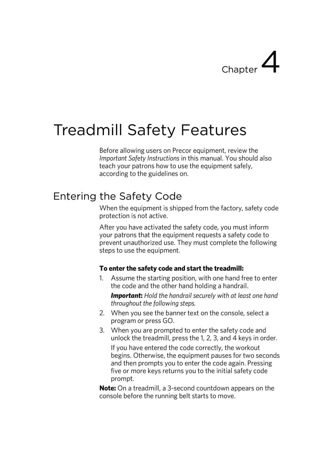 Precor P80 Treadmill Safety Features, Entering the Safety Code, To enter the safety code and start the treadmill, Chapter 