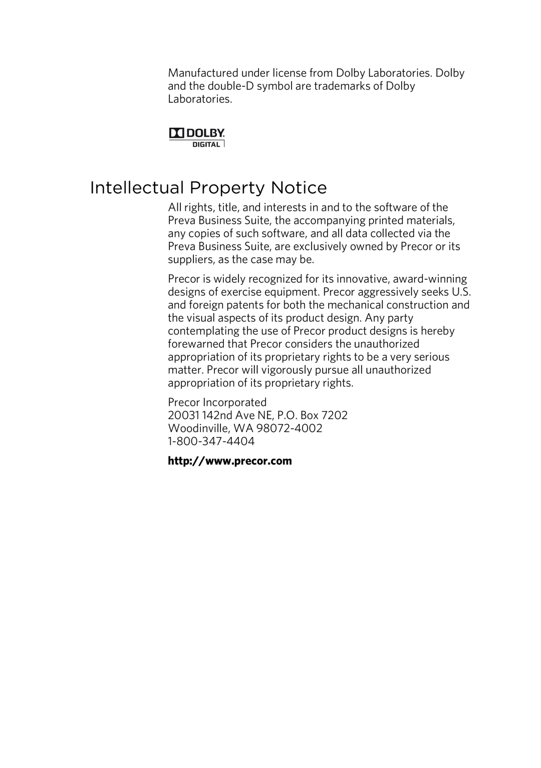 Precor P80 manual Intellectual Property Notice 