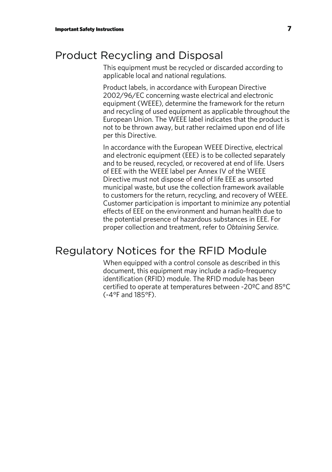 Precor P80 manual Product Recycling and Disposal, Regulatory Notices for the RFID Module 