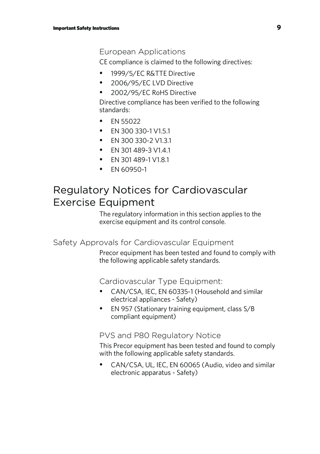 Precor P80 manual European Applications, Safety Approvals for Cardiovascular Equipment, Cardiovascular Type Equipment 
