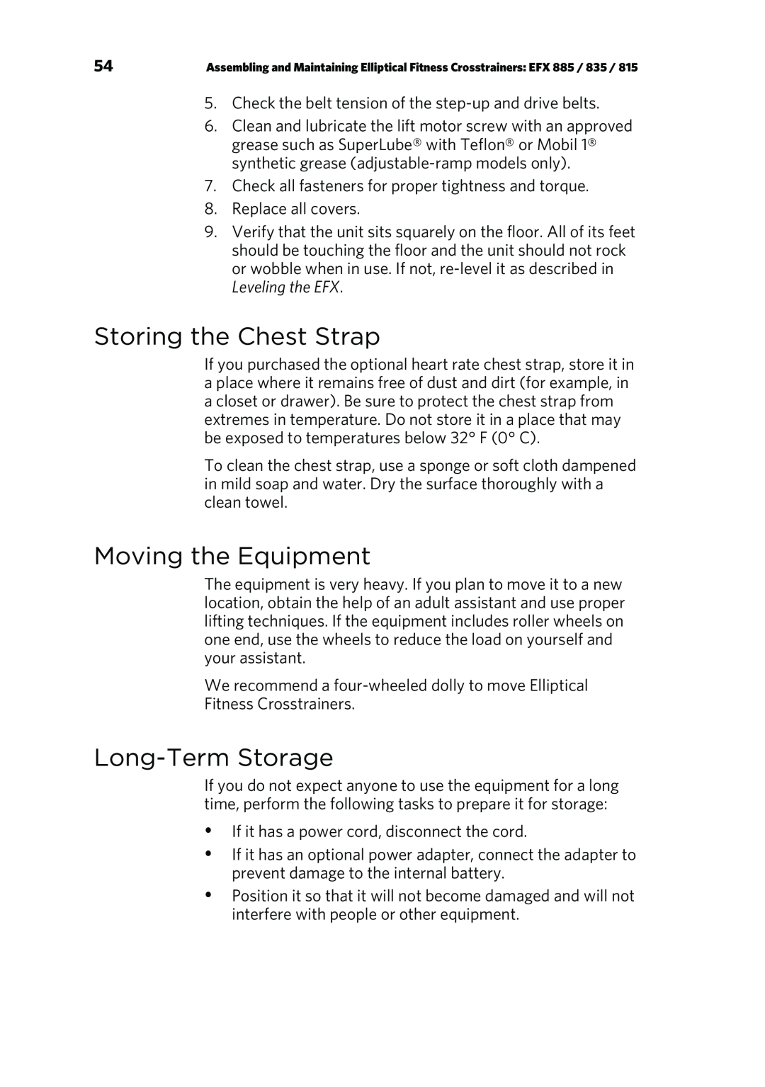 Precor P80 manual Storing the Chest Strap, Moving the Equipment, Long-TermStorage 