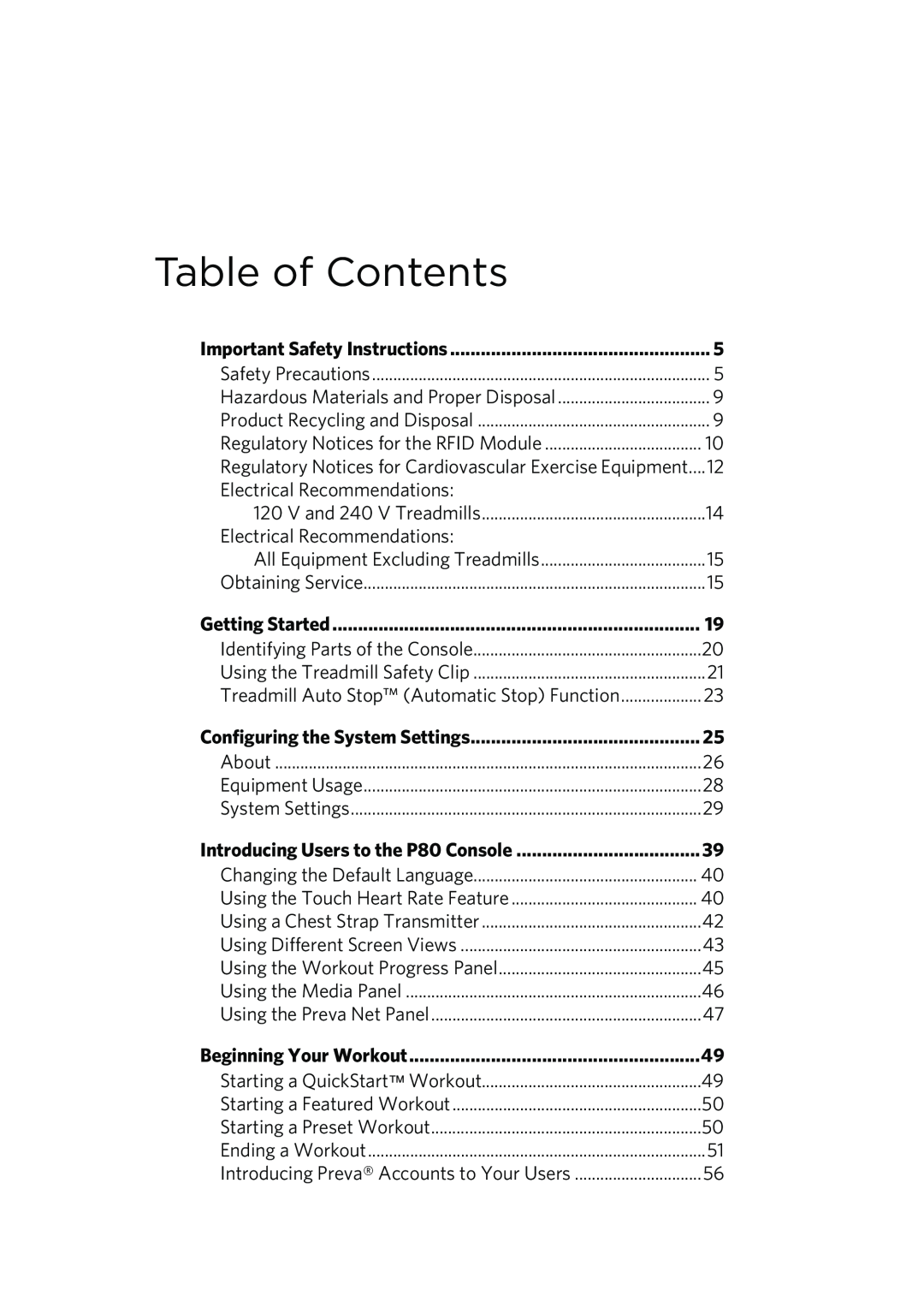 Precor P80 manual Table of Contents 