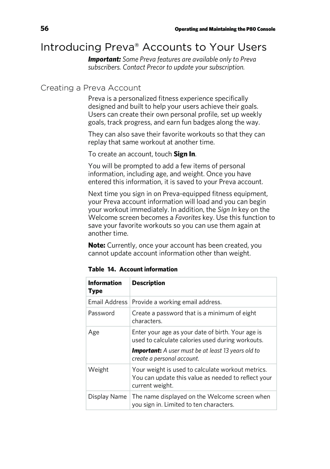 Precor P80 manual Introducing Preva Accounts to Your Users, Creating a Preva Account 