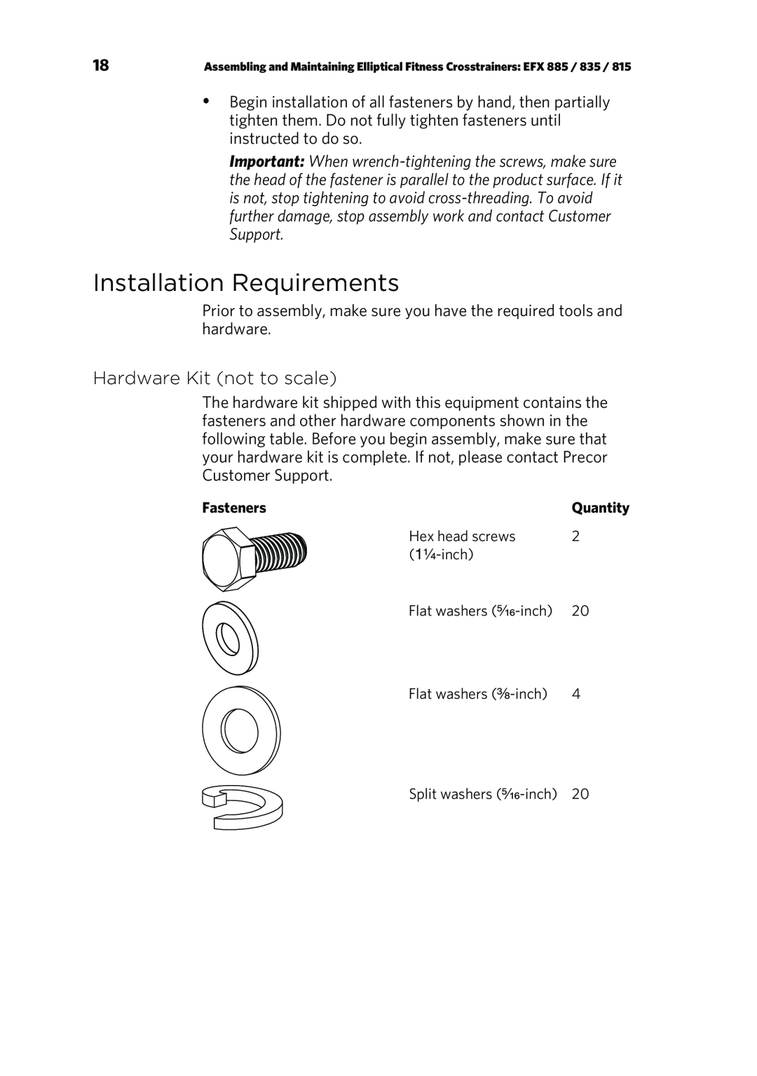 Precor P80 manual Installation Requirements, Hardware Kit not to scale 