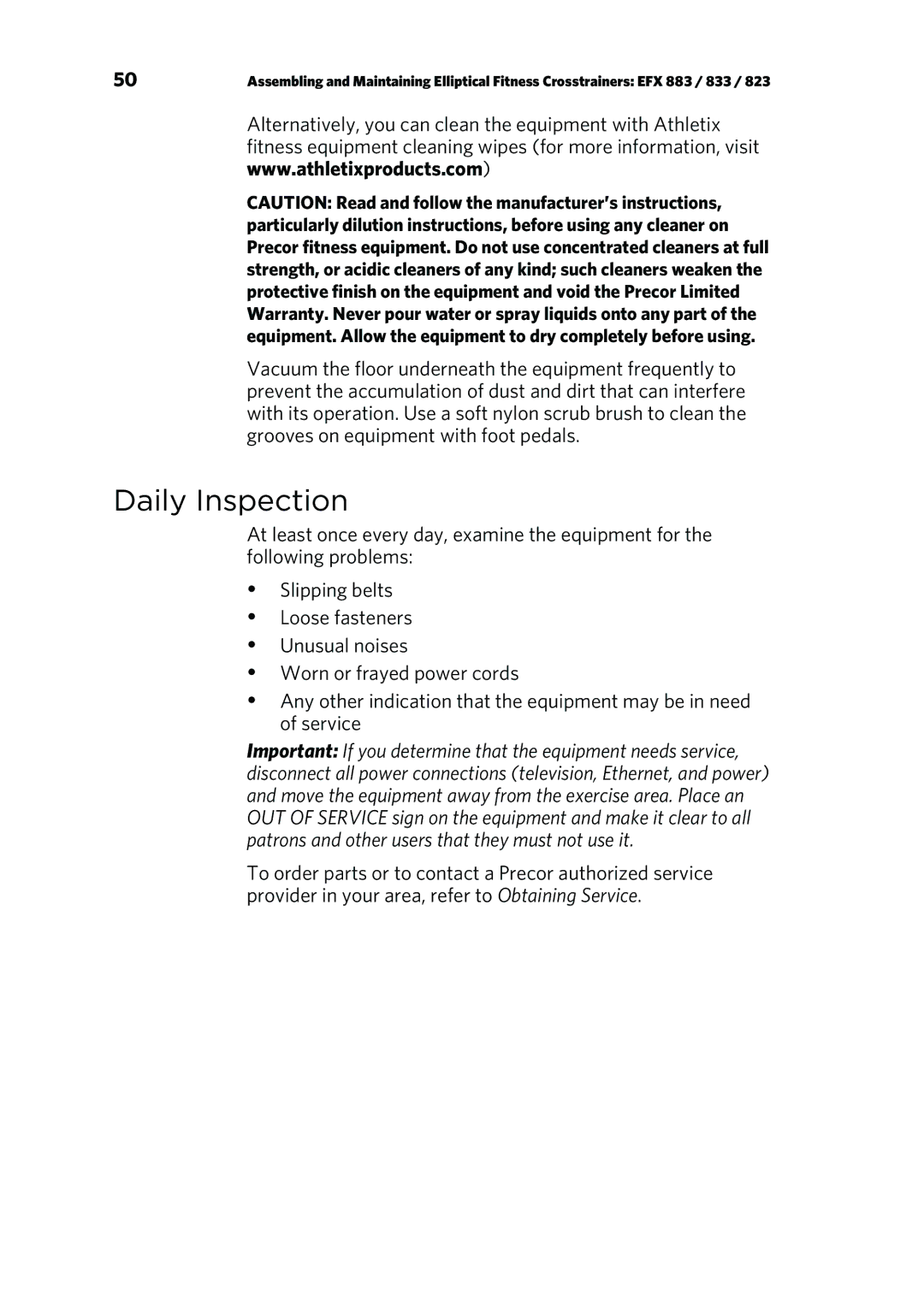 Precor P/N 300753-201 manual Daily Inspection 