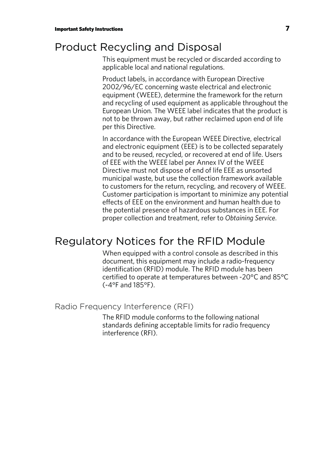 Precor P/N 300753-201 manual Product Recycling and Disposal, Regulatory Notices for the Rfid Module 