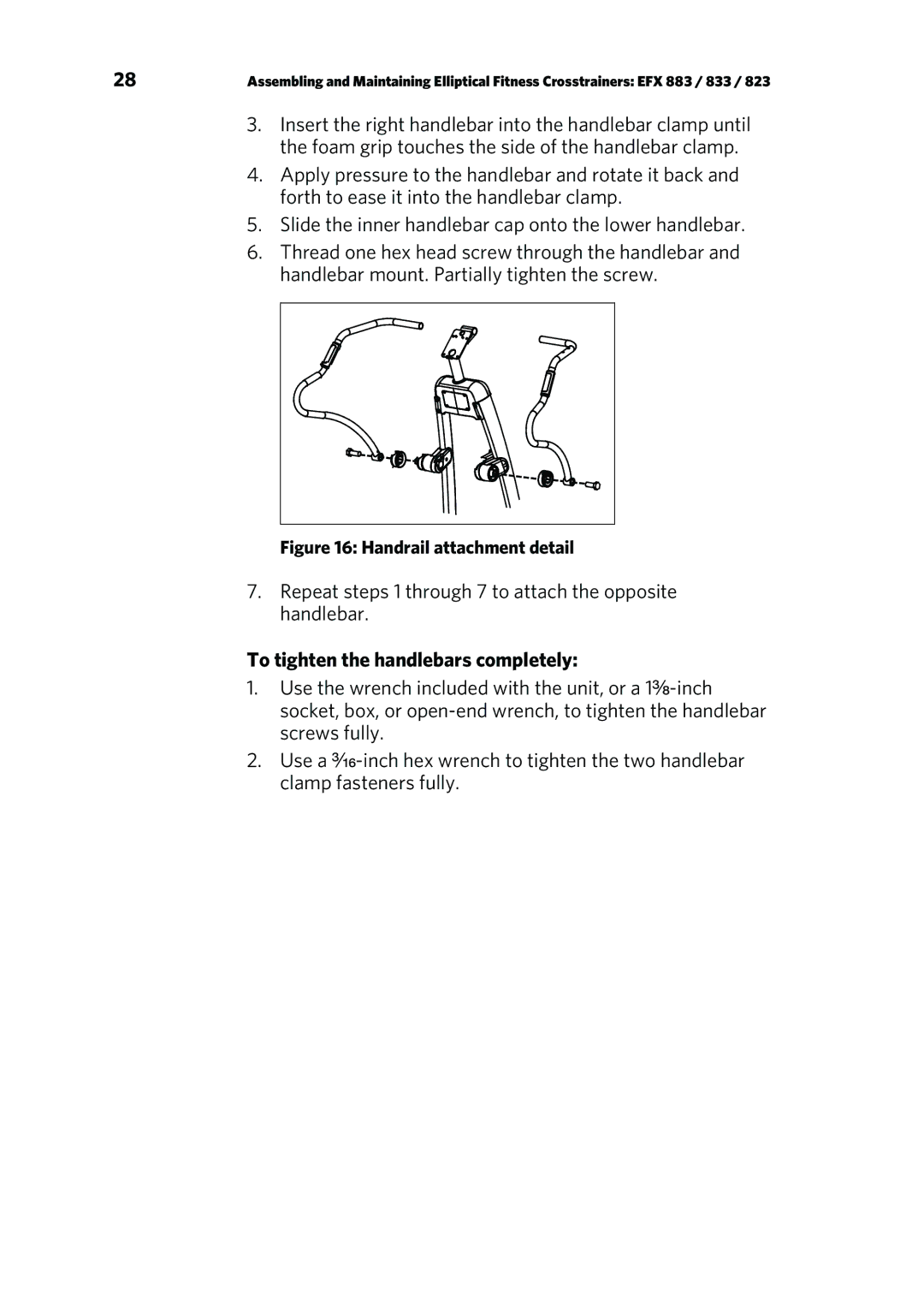 Precor P/N 300753-201 manual To tighten the handlebars completely, Handrail attachment detail 