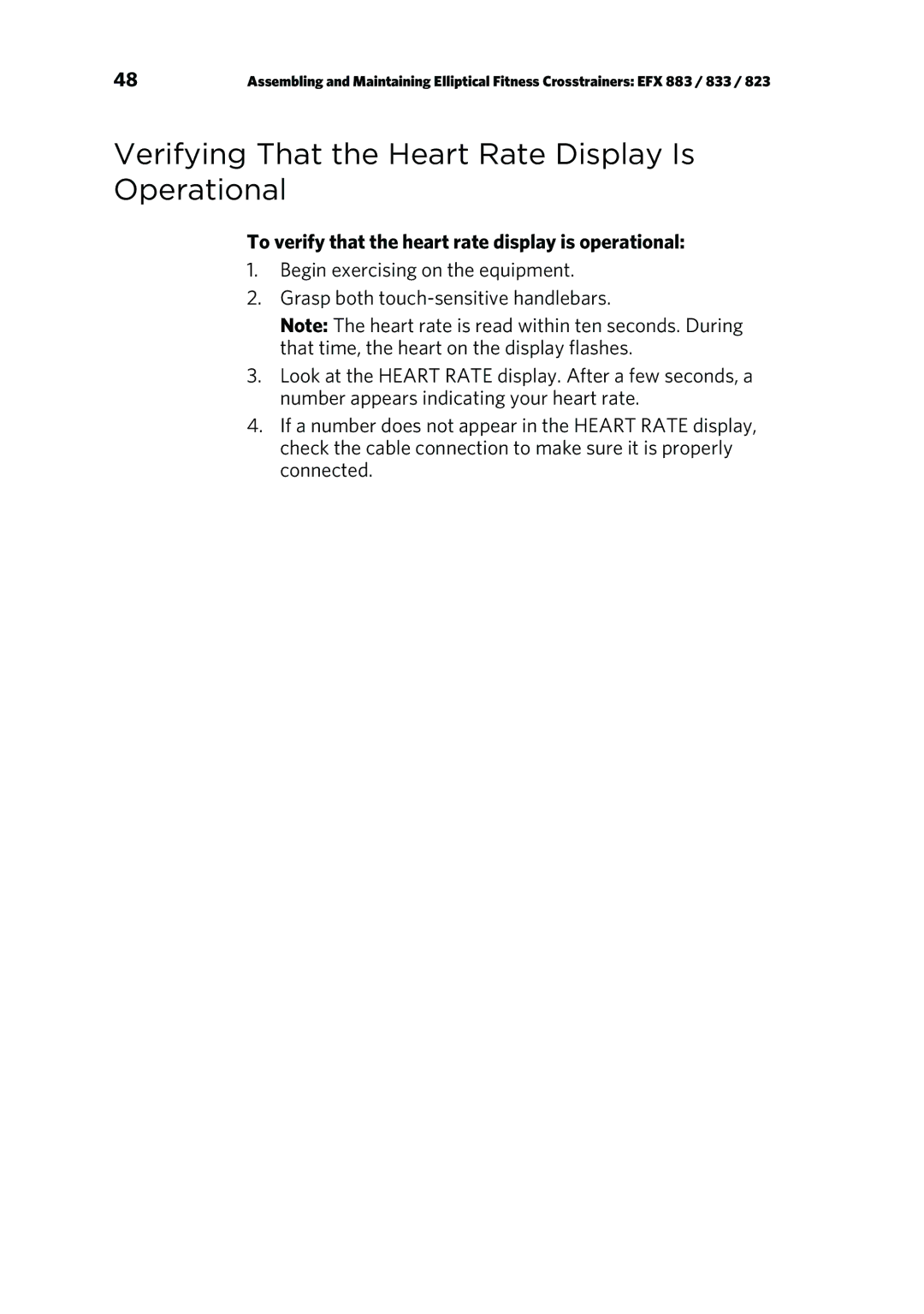 Precor P/N 300753-201 manual Verifying That the Heart Rate Display Is Operational 