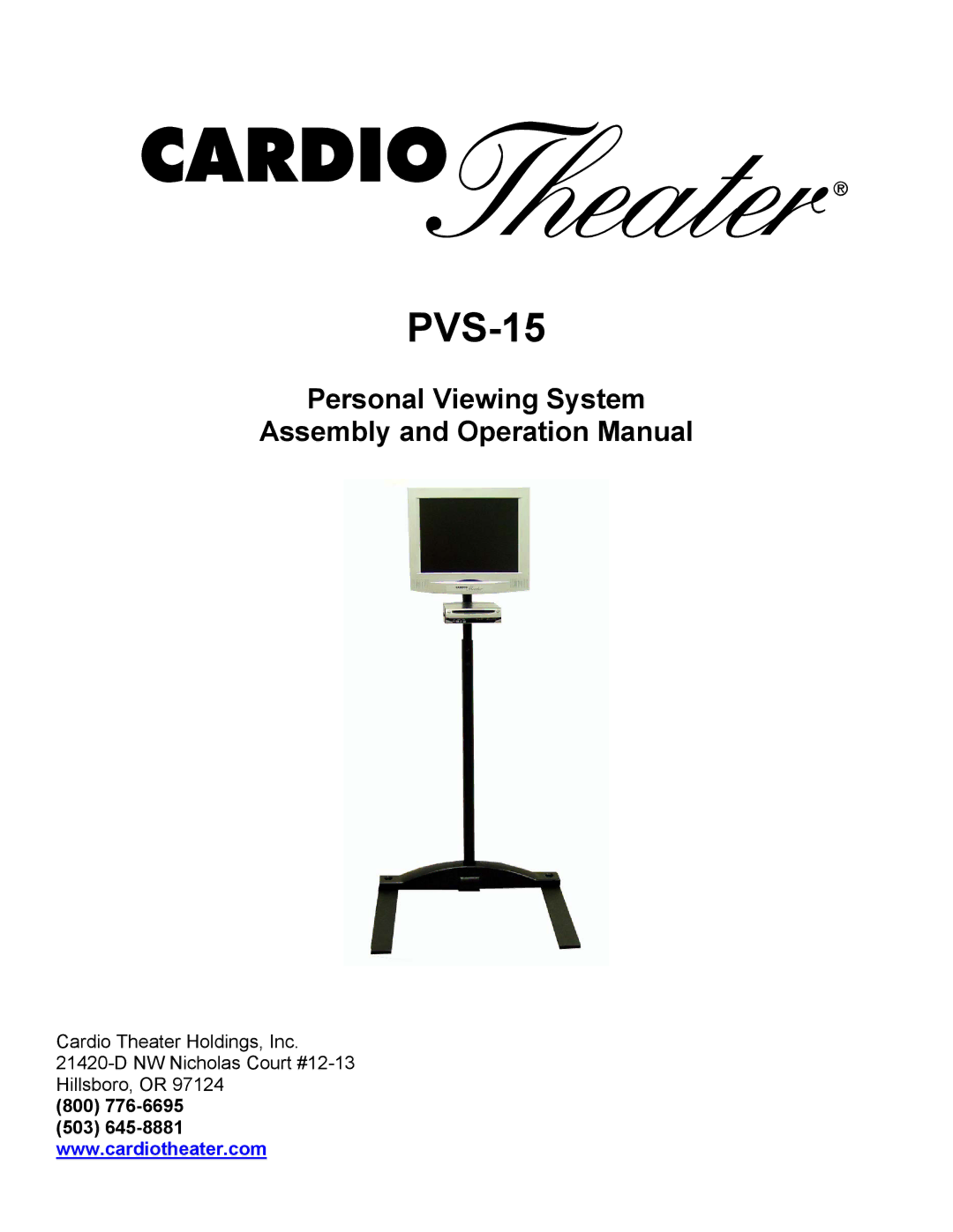 Precor PVS-15 operation manual Personal Viewing System, 800 