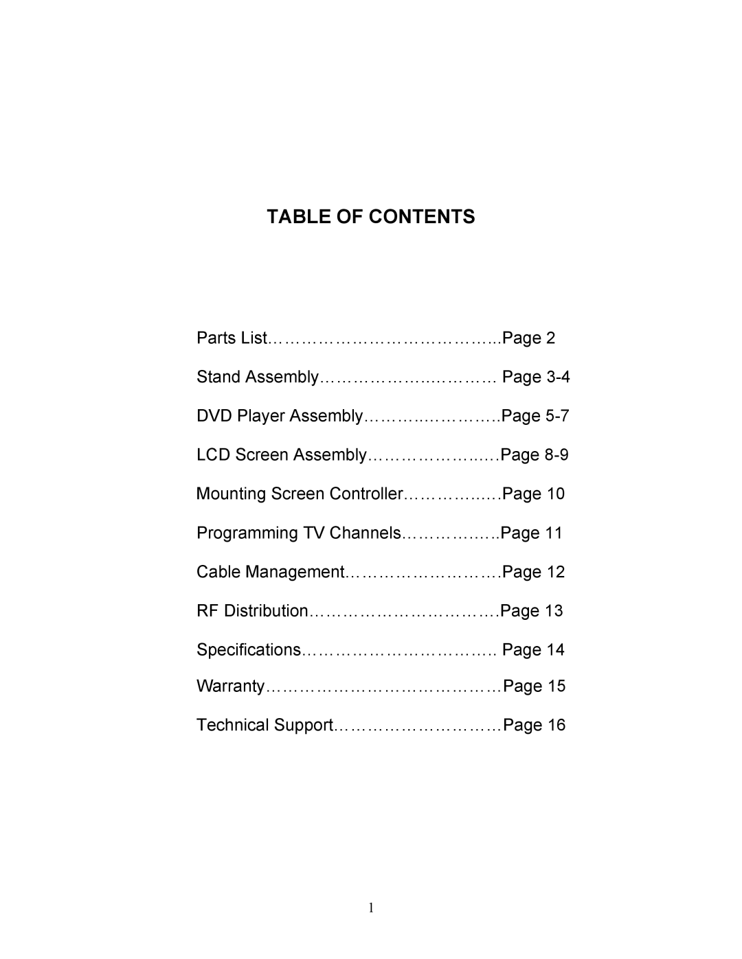 Precor PVS-15 operation manual Table of Contents 