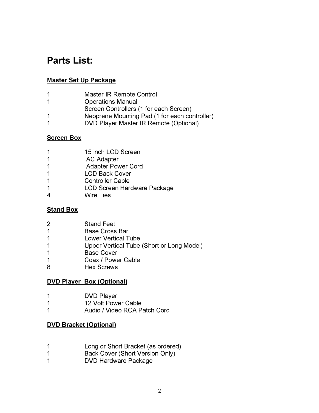 Precor PVS-15 operation manual Parts List 