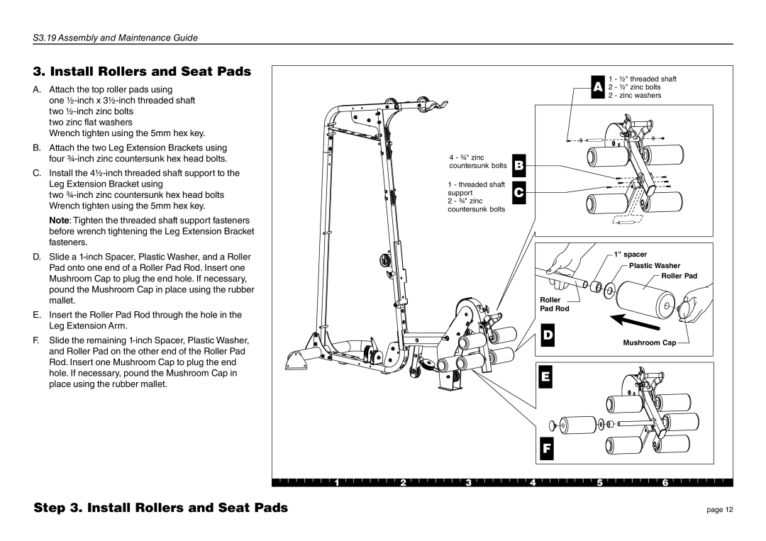 Precor S3-19 manual Install Rollers and Seat Pads 