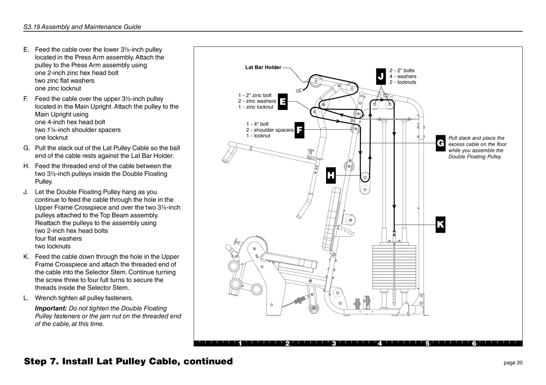 Precor S3-19 manual Feed the cable over the lower 3½-inch pulley 