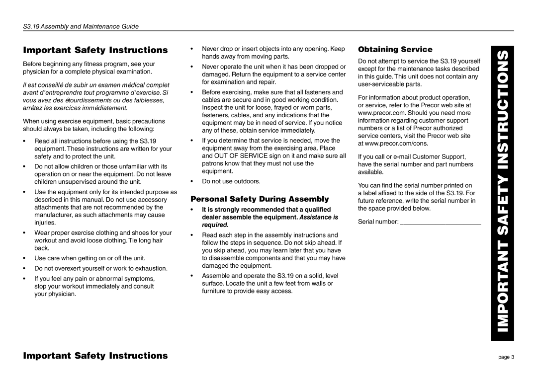 Precor S3-19 manual Important Safety Instructions, Personal Safety During Assembly 