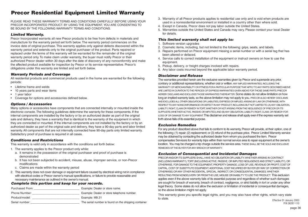 Precor S3-19 manual Precor Residential Equipment Limited Warranty 