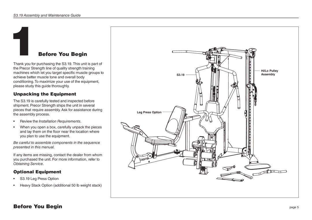 Precor S3-19 manual Before You Begin, Unpacking the Equipment 