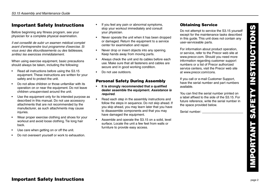 Precor S3.15 manual Important Safety Instructions, Personal Safety During Assembly, Obtaining Service 