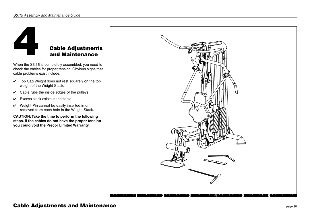 Precor S3.15 manual Cable Adjustments and Maintenance, Cableand MaintenanceAdjustments 