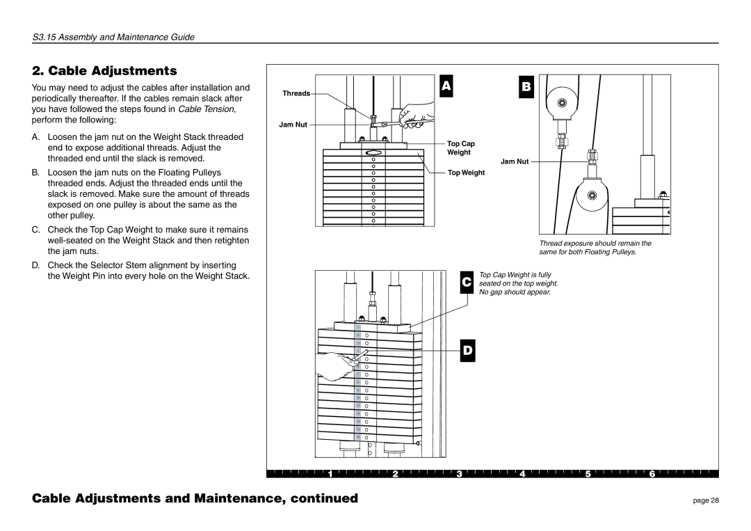 Precor S3.15 manual Cable Adjustments, Top Cap Weight Jam Nut Top Weight 