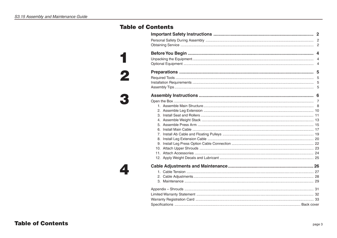 Precor S3.15 manual Table of Contents 