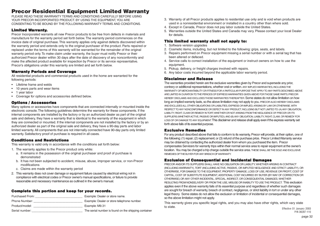 Precor S3.15 manual Precor Residential Equipment Limited Warranty 