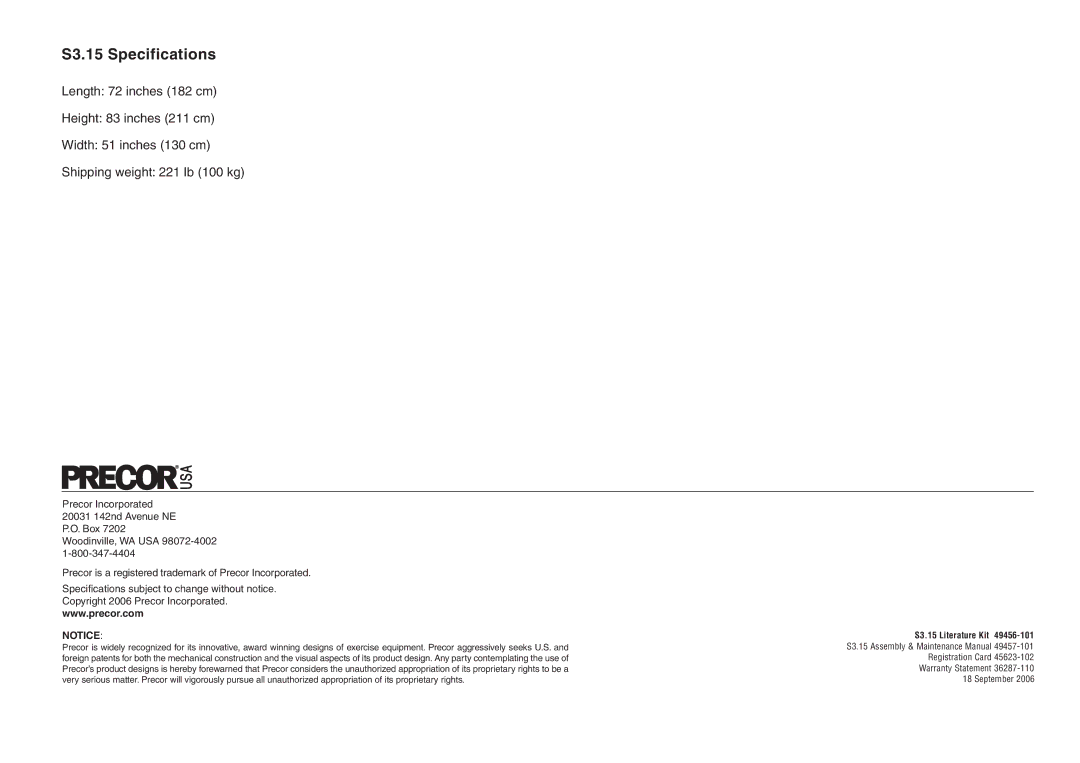 Precor manual S3.15 Specifications 