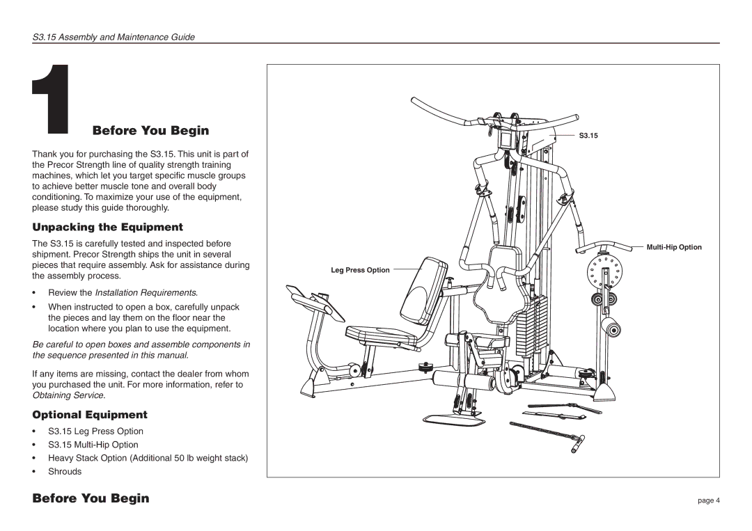 Precor S3.15 manual 1Before You Begin, Unpacking the Equipment, Optional Equipment 