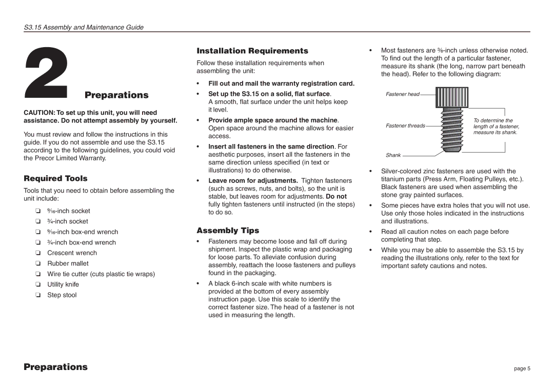 Precor S3.15 manual Preparations, Required Tools, Installation Requirements, Assembly Tips 