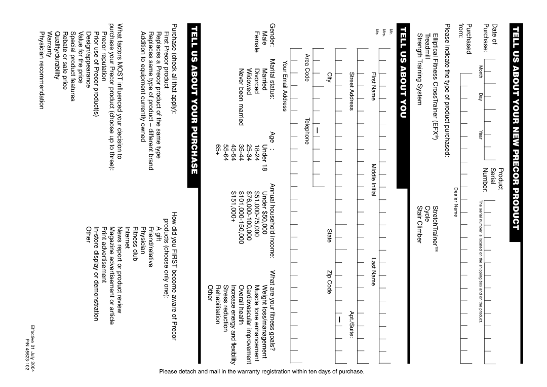 Precor S3.15 manual Date Purchase, Purchased from Product Serial Number, Please indicate the type of product purchased 