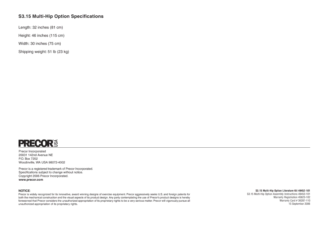 Precor manual S3.15 Multi-Hip Option Specifications 