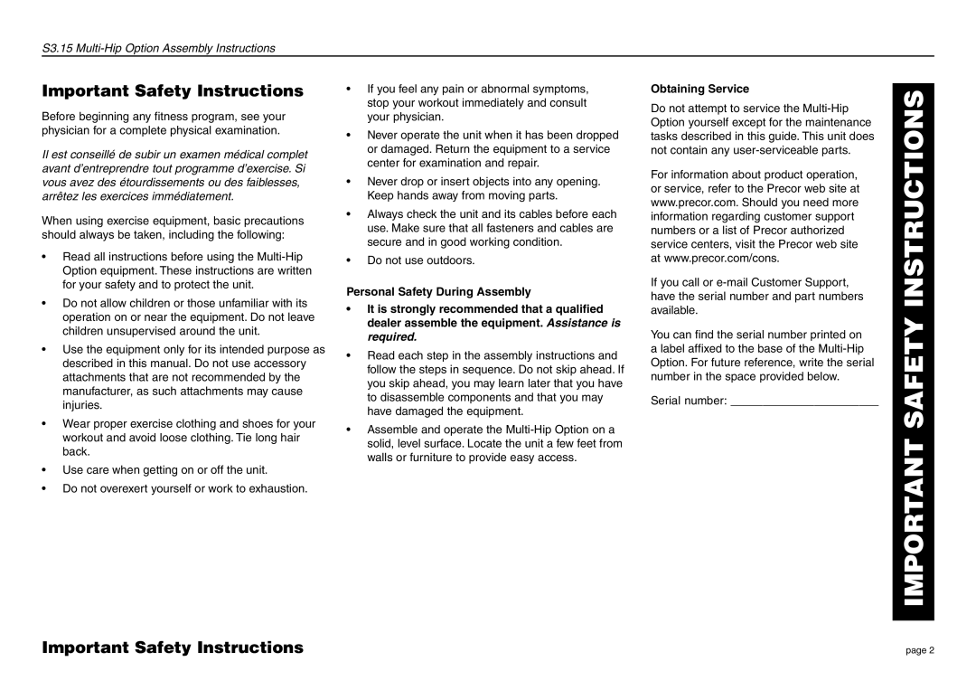 Precor S3.15 manual Important Safety Instructions, Obtaining Service 