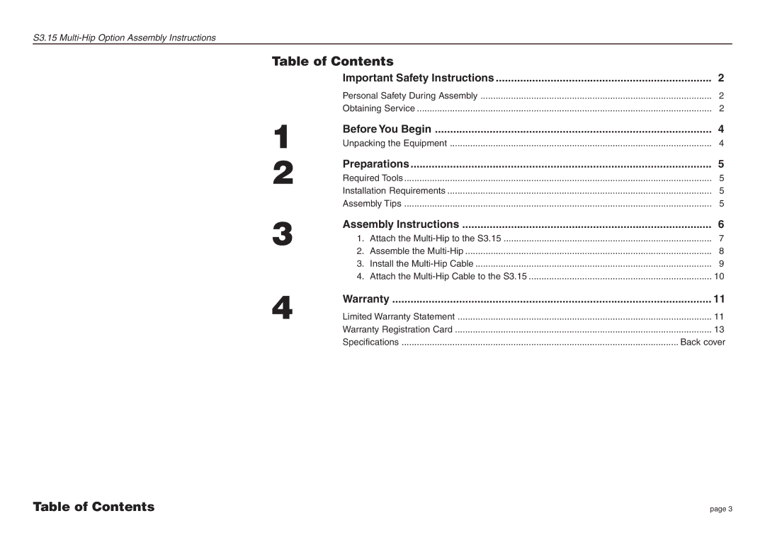 Precor S3.15 manual Table of Contents 