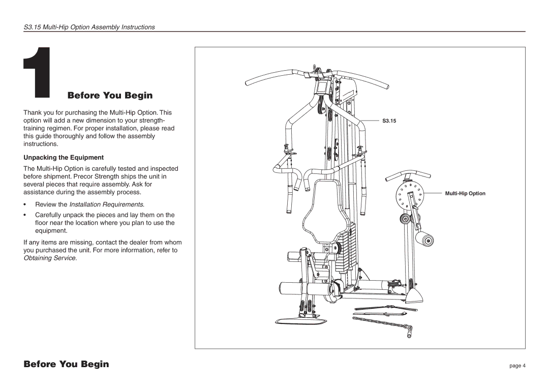 Precor S3.15 manual 1Before You Begin, Unpacking the Equipment 