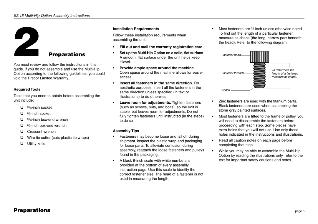 Precor S3.15 manual Preparations, Required Tools, Installation Requirements 