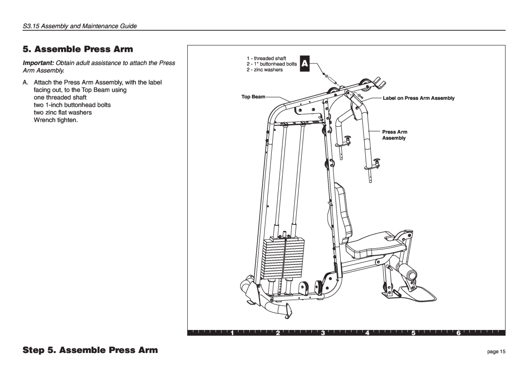 Precor S3.15 Assemble Press Arm, Important Obtain adult assistance to attach the Press Arm Assembly, threaded shaft, page 