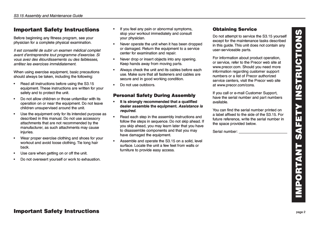 Precor S3.15 manual Important Safety Instructions, Personal Safety During Assembly, Obtaining Service 