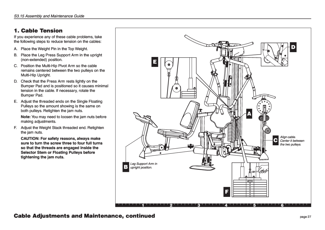 Precor manual Cable Tension, D E A, Cable Adjustments and Maintenance, continued, S3.15 Assembly and Maintenance Guide 