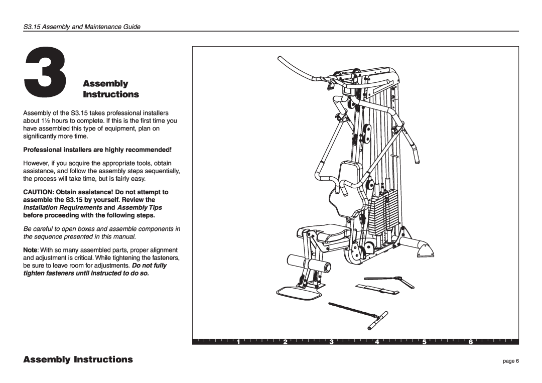 Precor S3.15 manual AssemblyInstructions, Assembly Instructions, Professional installers are highly recommended 