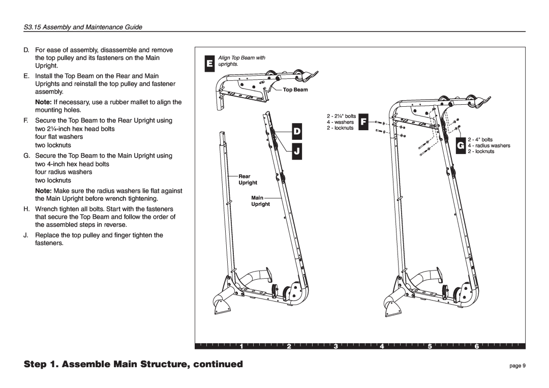 Precor manual Assemble Main Structure, continued, S3.15 Assembly and Maintenance Guide 