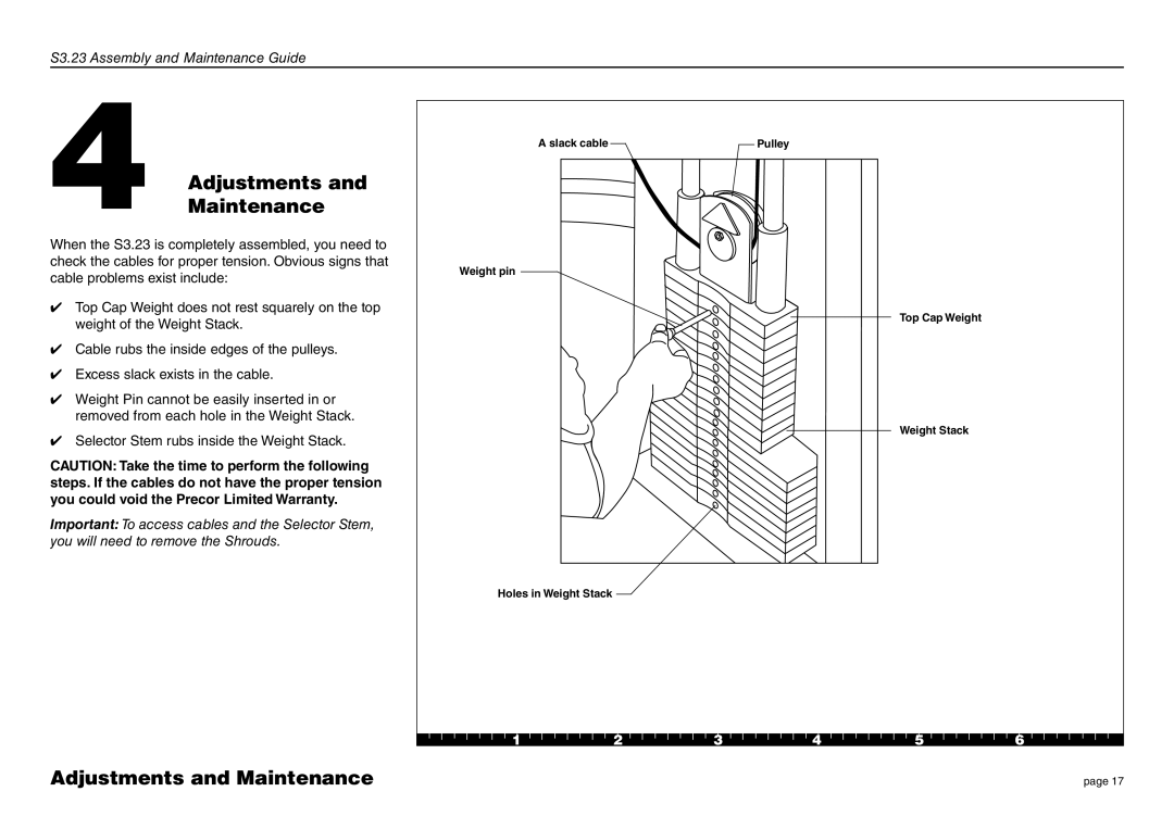 Precor S3.23 manual AdjustmentsMaintenance, Adjustments and Maintenance 