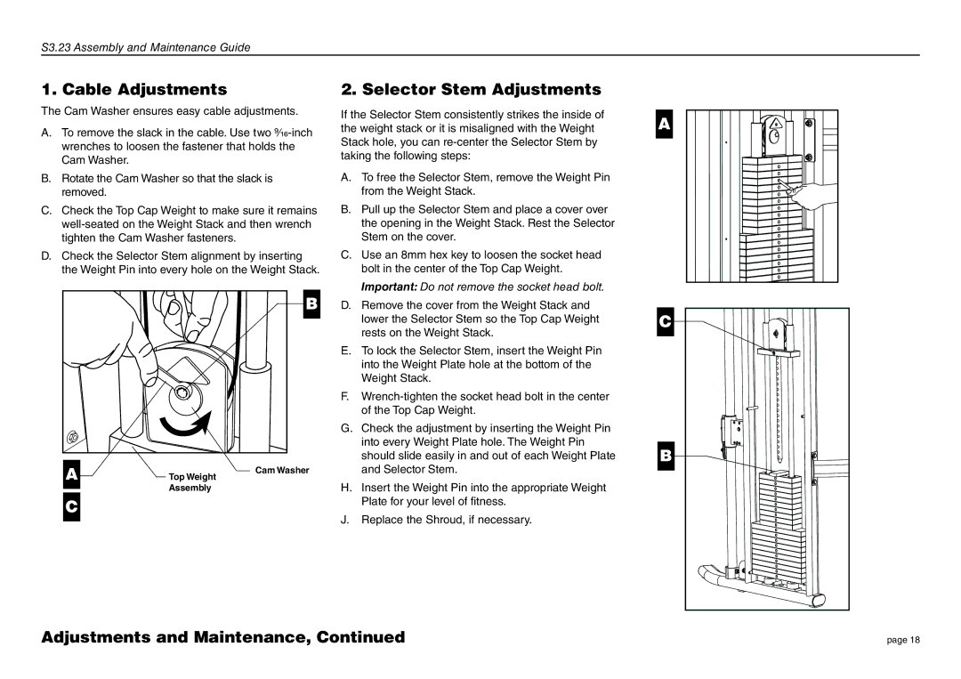 Precor S3.23 manual Cable Adjustments, Selector Stem Adjustments 